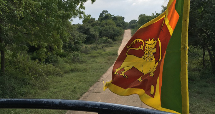 Flag of Sri Lank with forest and dirt road in background
